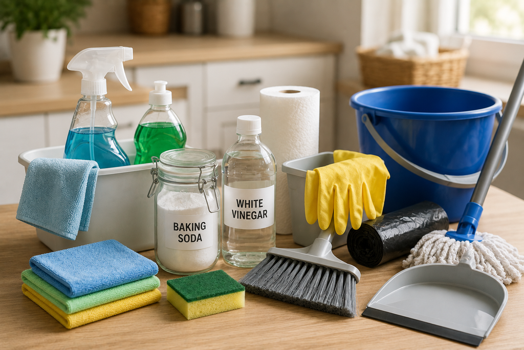Essential home cleaning kit with microfiber cloths, all-purpose cleaner, dish soap, baking soda, white vinegar, rubber gloves, sponges, broom, dustpan, mop, bucket, and trash bags.