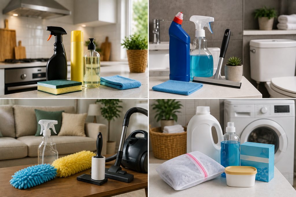 Room-specific home cleaning essentials arranged across a kitchen, bathroom, living room, and laundry area, including degreaser, toilet cleaner, glass cleaner, microfiber cloths, vacuum, upholstery tools, and specialty supplies.