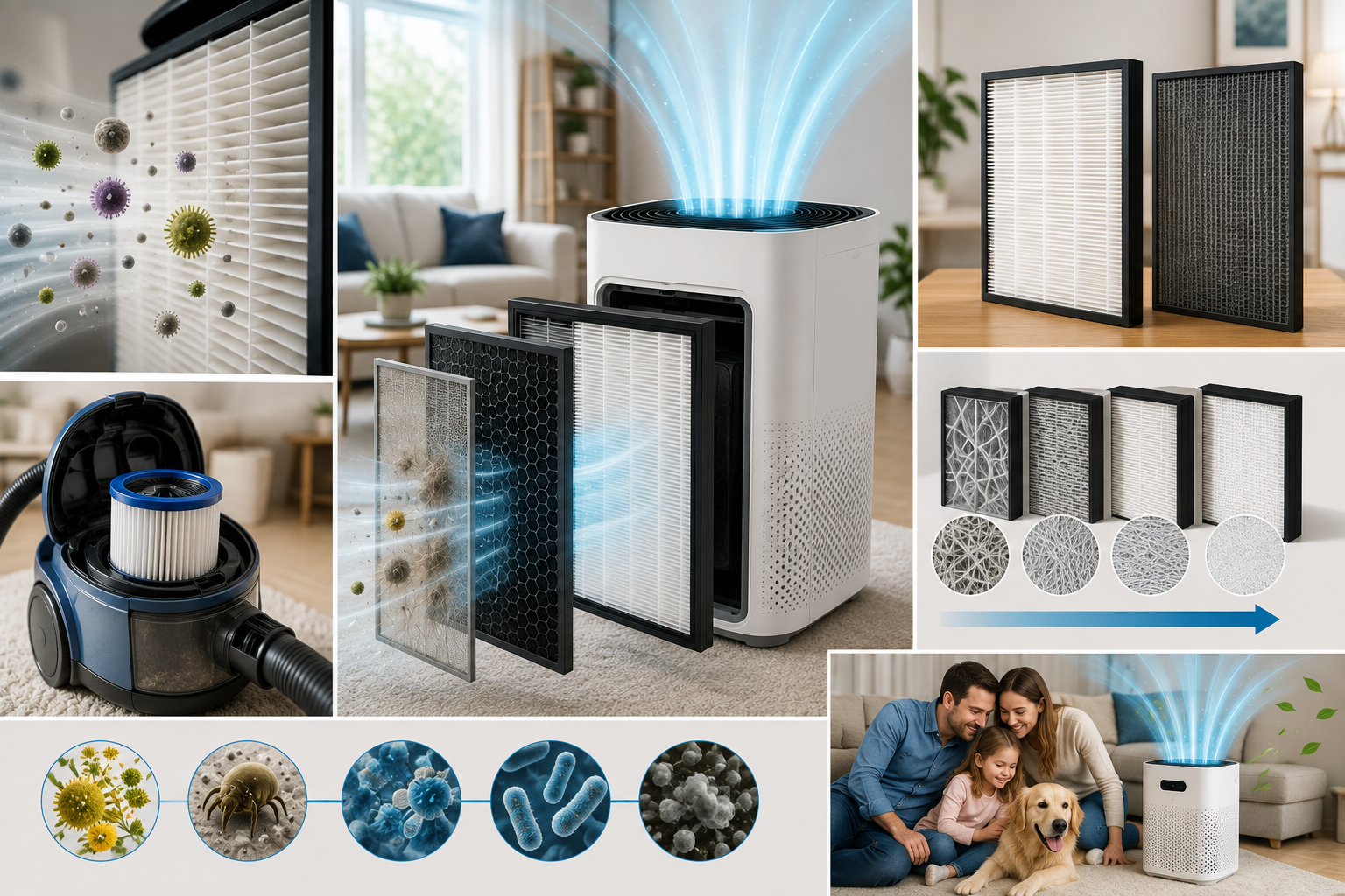 HEPA air filtration system in a modern American home, showing a portable air purifier, layered filters, a HEPA vacuum filter, airborne particles being captured, and cleaner airflow.