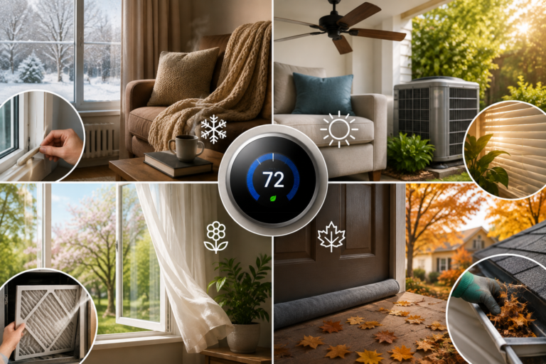 Clean featured image showing year-round home energy-saving strategies across winter, summer, spring, and fall, including thermostat control, draft sealing, natural ventilation, HVAC maintenance, sunlight management, and ceiling fans.