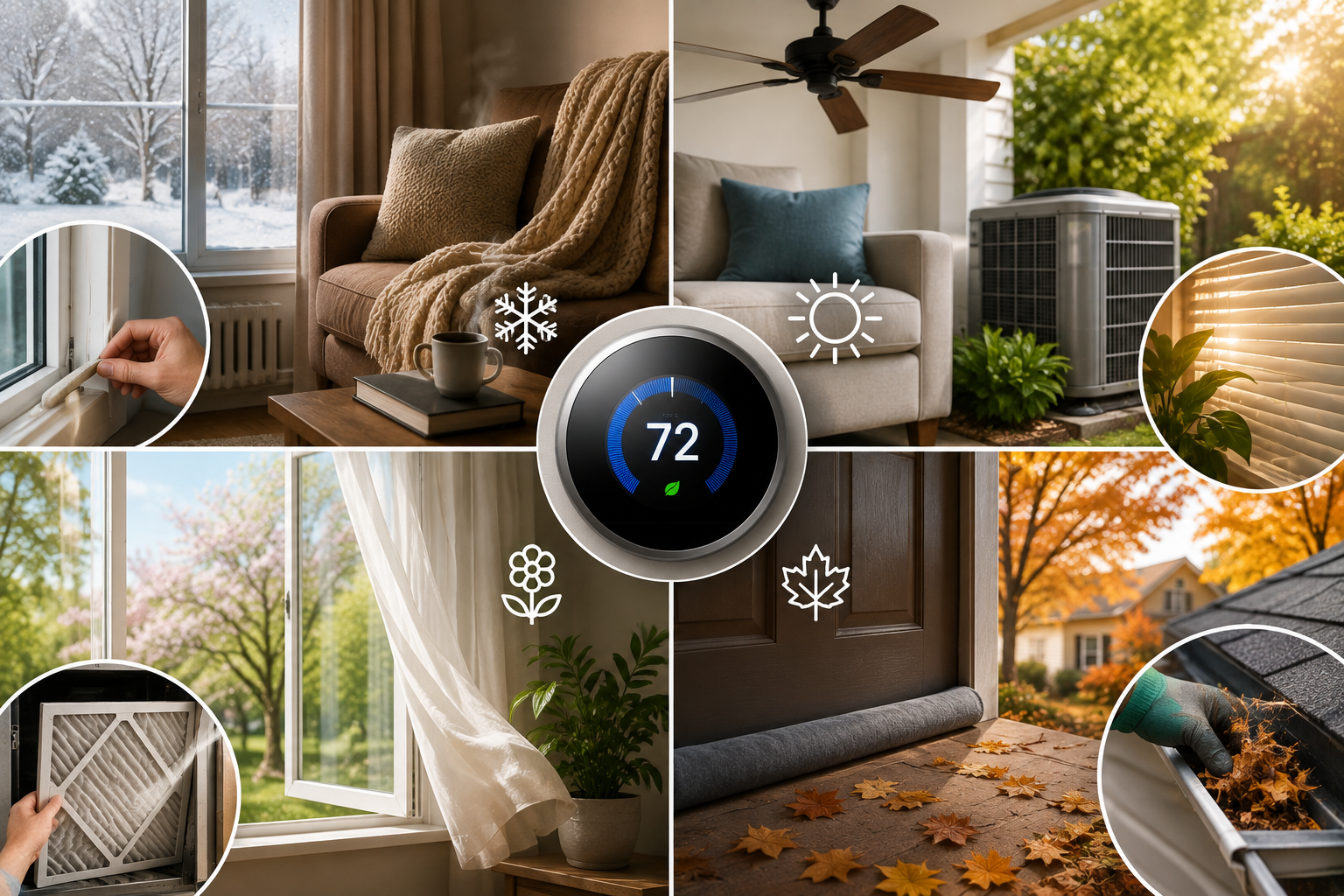 Clean featured image showing year-round home energy-saving strategies across winter, summer, spring, and fall, including thermostat control, draft sealing, natural ventilation, HVAC maintenance, sunlight management, and ceiling fans.