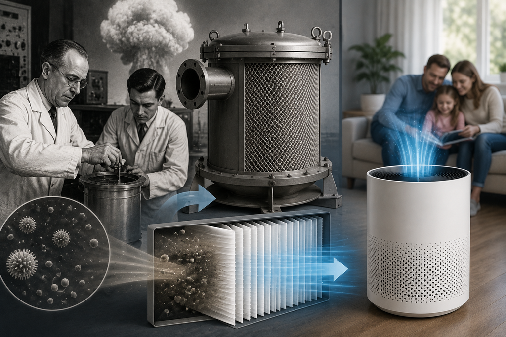 Historical air filtration laboratory scene transitioning to a modern HEPA air purifier, showing early industrial filtration technology, pleated filter media, airborne particles, and clean airflow in a contemporary American home.