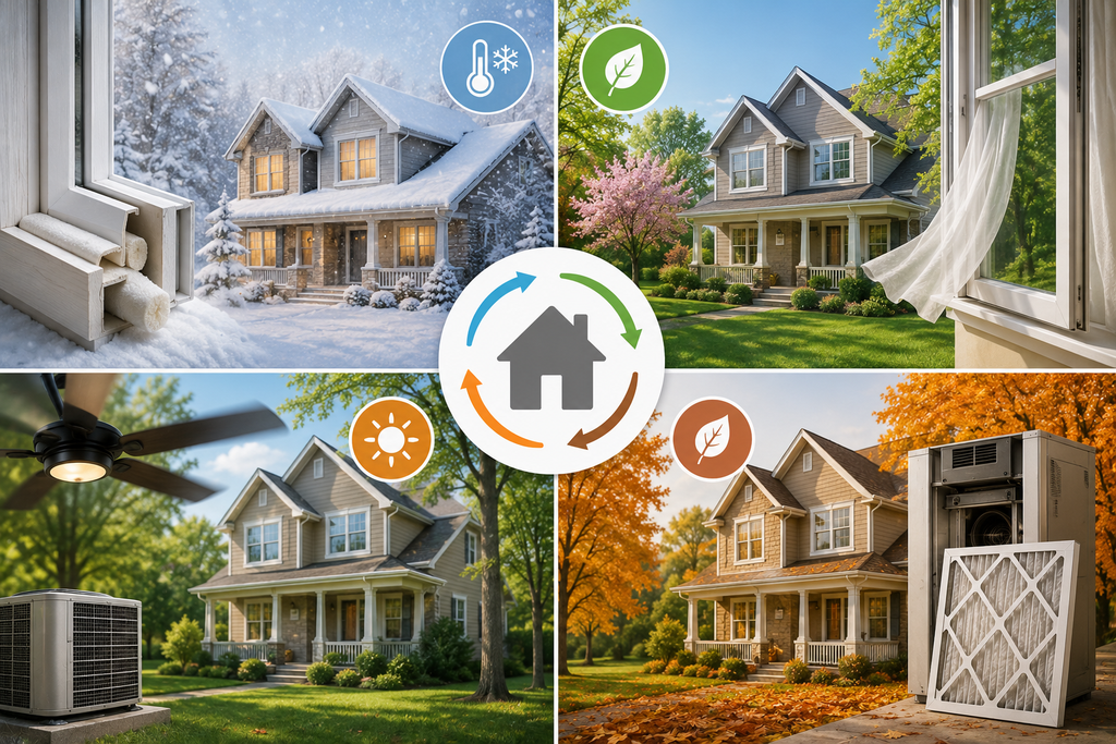 Clean featured image showing the same home across winter, spring, summer, and fall, illustrating why energy-saving strategies should change with seasonal heating, cooling, ventilation, and maintenance needs.