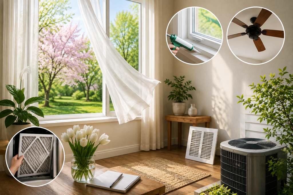 Clean featured image showing spring energy-saving habits with open windows for natural ventilation, fresh greenery, HVAC filter maintenance, window sealing, and ceiling-fan preparation.