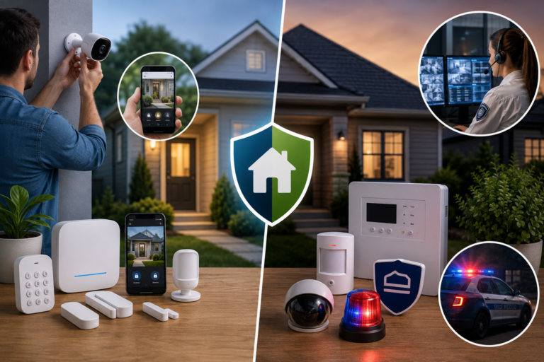 Clean featured image comparing DIY home security with professional monitoring, showing smart cameras, sensors, smartphone control, and a homeowner on one side, with a professional monitoring center, security equipment, and emergency response on the other.