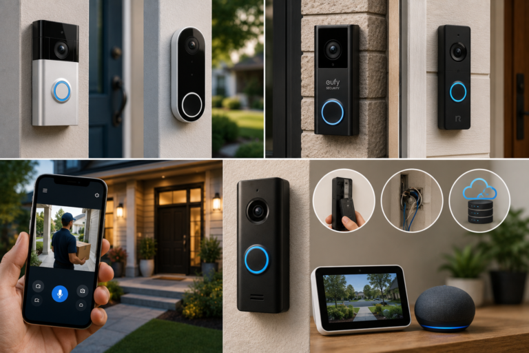 Modern video doorbells installed on American homes, showing wired and battery-powered options, smartphone monitoring, package delivery detection, and smart home integration.