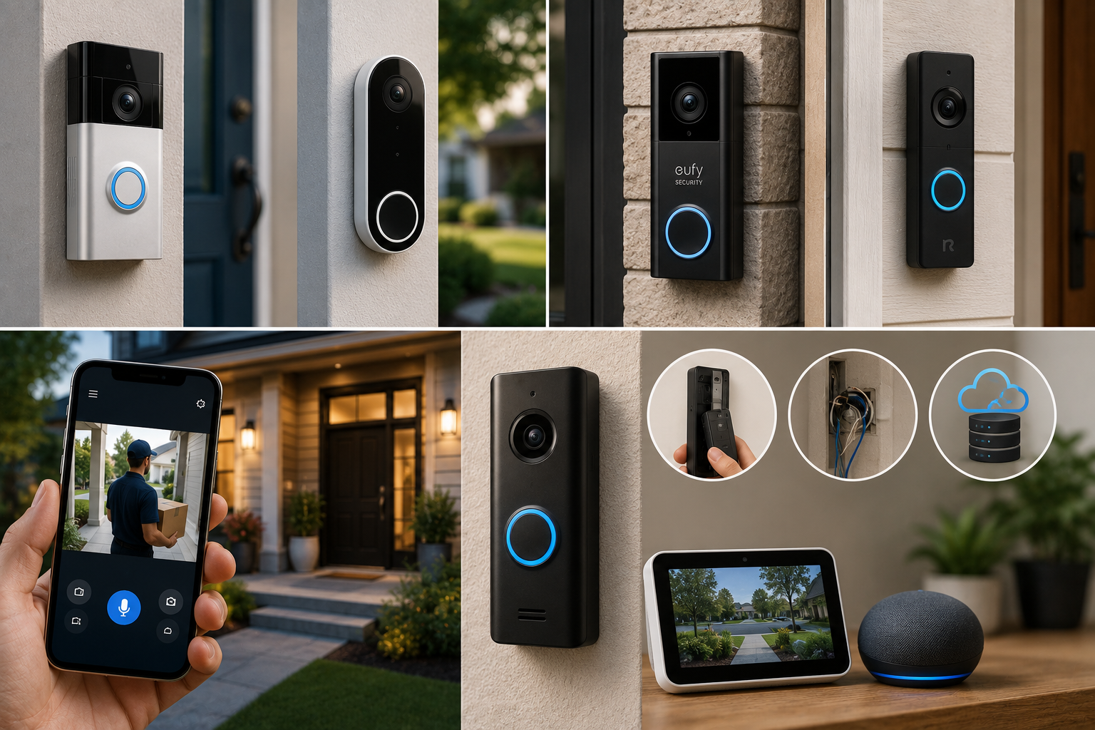 Modern video doorbells installed on American homes, showing wired and battery-powered options, smartphone monitoring, package delivery detection, and smart home integration.