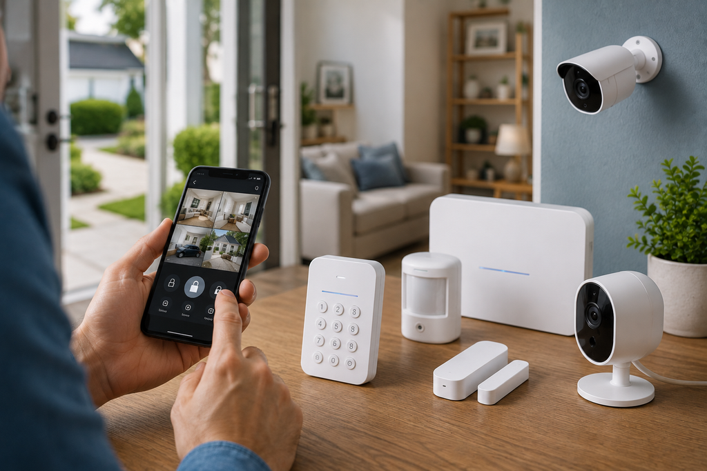 Clean featured image showing a DIY home security setup with a smartphone, security cameras, motion sensor, door sensors, keypad, and central hub that a homeowner can install and monitor independently.