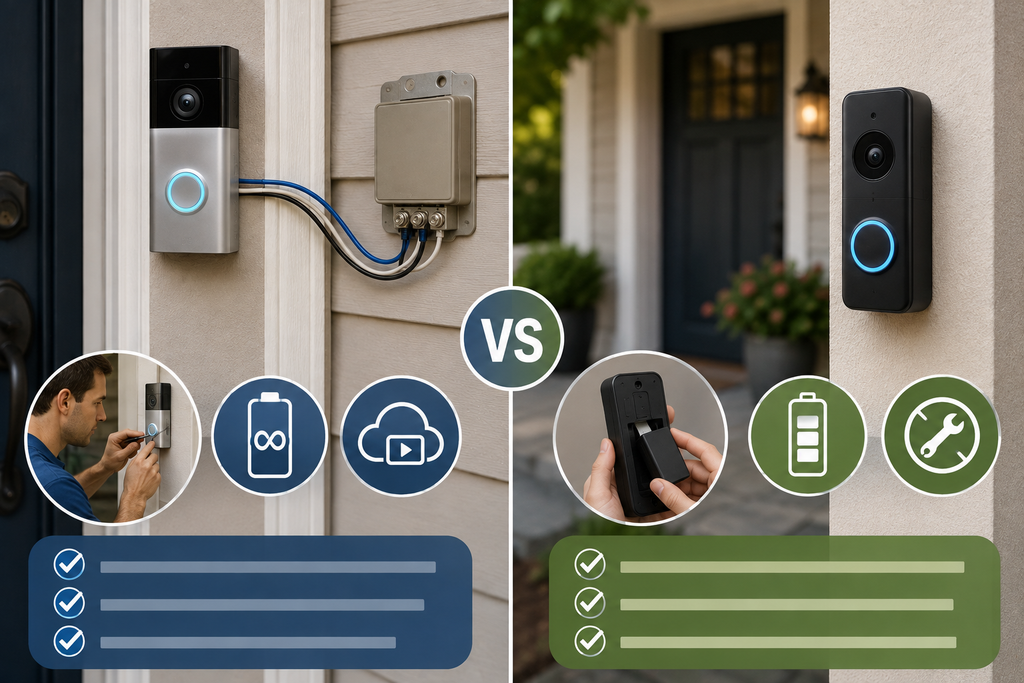 Wired and battery-powered video doorbells compared on an American home, showing continuous wired power and cable connection versus flexible battery operation and simple installation.