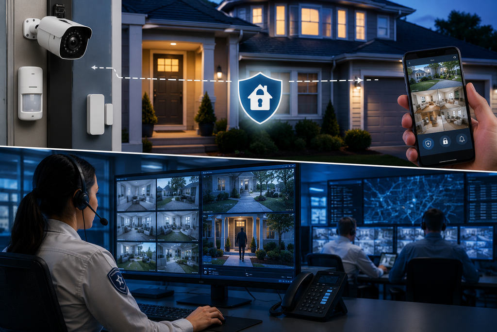 Clean featured image showing a professionally monitored home security system, with home sensors and cameras connected to a 24/7 monitoring center where trained operators monitor alerts and security feeds.