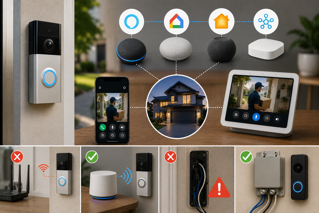 Smart video doorbell connected with a smartphone, smart speakers, home display, and home automation hub, illustrating smart-home ecosystem compatibility and reliable connectivity.