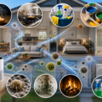 Clean featured image showing common indoor air pollutants and their household sources, including dust, cooking particles, cleaning products, paint, mold, dust mites, fireplace smoke, and airborne contaminants, with an air purifier illustrating air-quality control.
