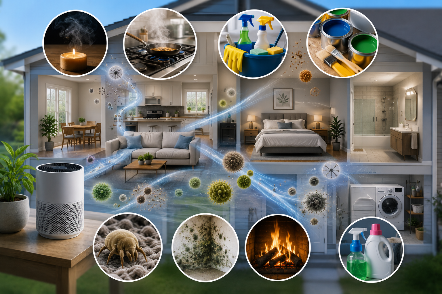 Clean featured image showing common indoor air pollutants and their household sources, including dust, cooking particles, cleaning products, paint, mold, dust mites, fireplace smoke, and airborne contaminants, with an air purifier illustrating air-quality control.