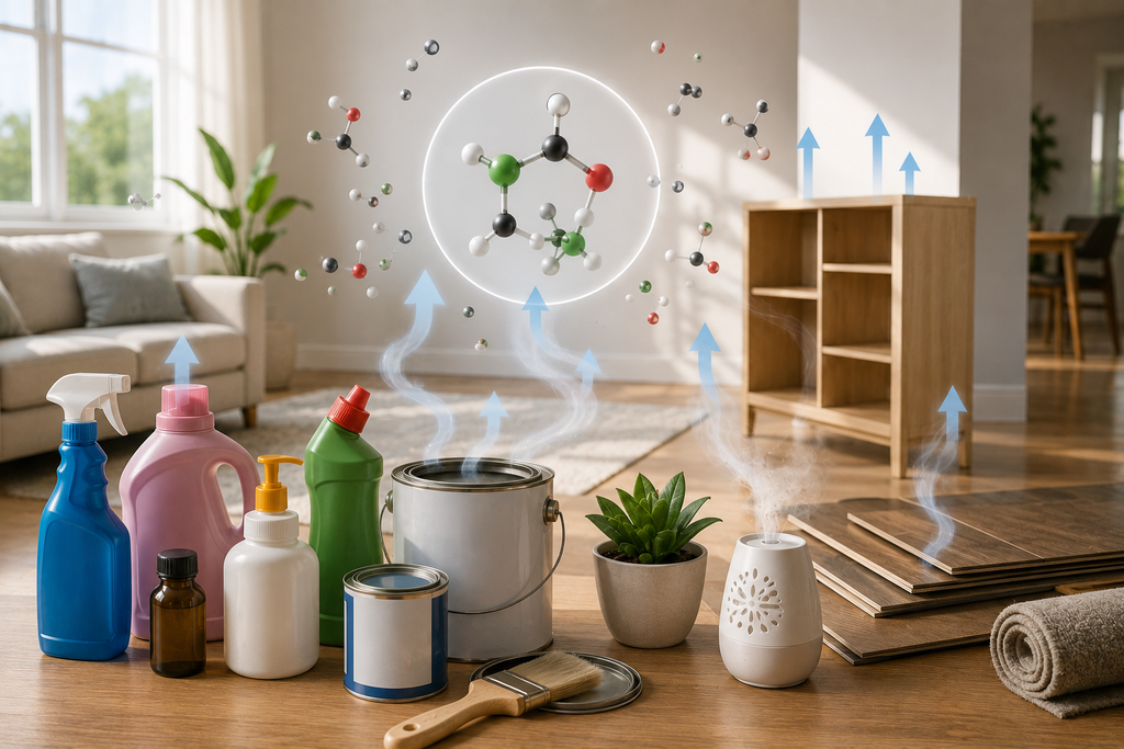 Clean featured image showing common household sources of VOCs, including cleaning products, paint, new flooring, furniture, and fragranced items, with subtle airborne molecules illustrating chemical off-gassing.