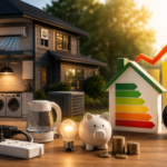 Modern American home showing common sources of high energy bills, including HVAC use, older appliances, standby electronics, lighting, and water heating, with energy-saving elements and rising utility costs.