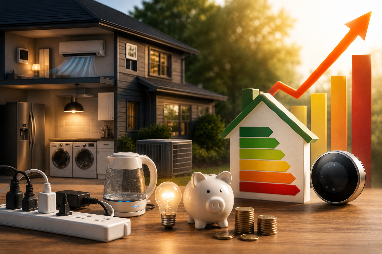 Modern American home showing common sources of high energy bills, including HVAC use, older appliances, standby electronics, lighting, and water heating, with energy-saving elements and rising utility costs.