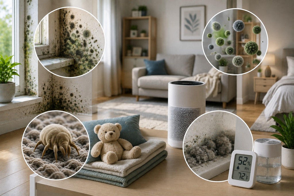 Clean featured image illustrating biological indoor air contaminants, with mold on a damp wall, dust mites in fabric, airborne particles, and an air purifier and humidity monitor in a bright home.
