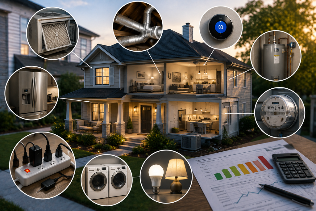 Modern American home illustrating common causes of high energy bills, including inefficient HVAC equipment, aging appliances, water heating, phantom power loads, poor insulation, and high household energy use.