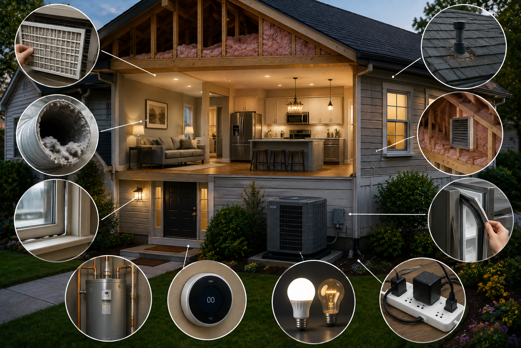 Modern American home with additional energy-cost contributors highlighted, including attic insulation, HVAC filters, dryer vent buildup, window air leaks, water heater, thermostat, lighting, and standby electronics.