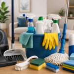 Clean featured image showing essential home cleaning tools including a vacuum, broom and dustpan, mop, bucket, microfiber cloths, sponges, scrub brushes, gloves, and basic cleaning supplies in an organized modern home.