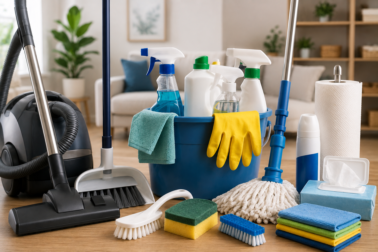 Clean featured image showing essential home cleaning tools including a vacuum, broom and dustpan, mop, bucket, microfiber cloths, sponges, scrub brushes, gloves, and basic cleaning supplies in an organized modern home.