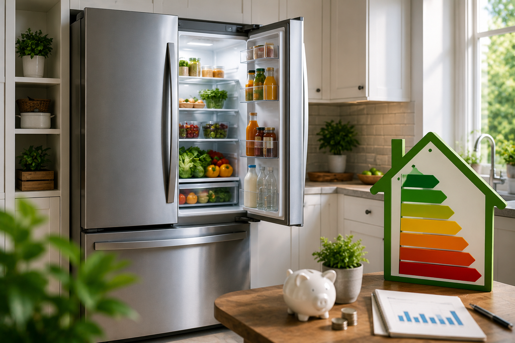 Energy-efficient refrigerator running in a bright modern American kitchen, stocked with fresh food and paired with visual cues representing continuous operation, energy savings, and lower household costs.
