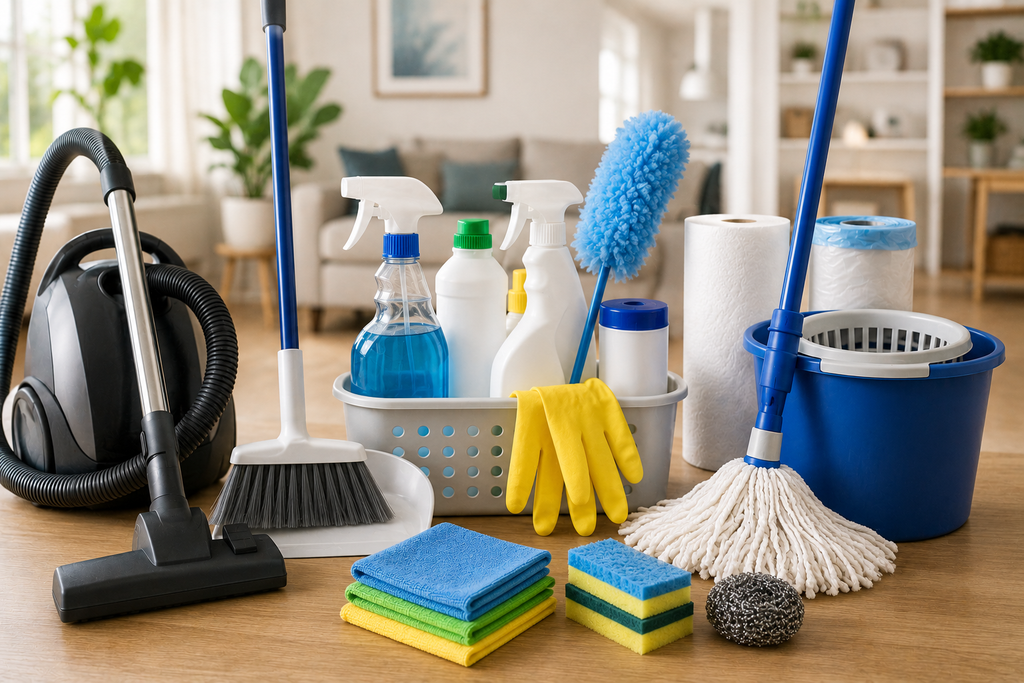 Clean featured image showing essential whole-home cleaning tools including microfiber cloths, all-purpose cleaners, vacuum, broom and dustpan, mop and bucket, duster, sponges, gloves, and disinfecting supplies arranged neatly without clutter.