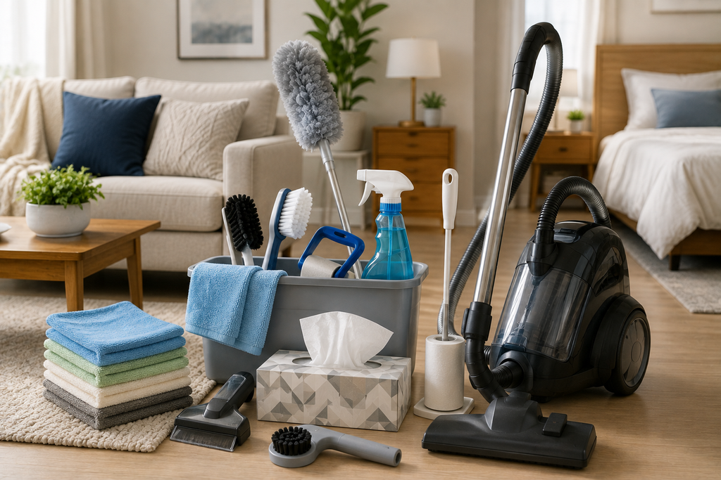 Clean featured image showing living room and bedroom cleaning tools, including a vacuum with upholstery attachments, microfiber cloths, soft duster, fabric-safe cleaning spray, and gentle brushes in a tidy modern home.