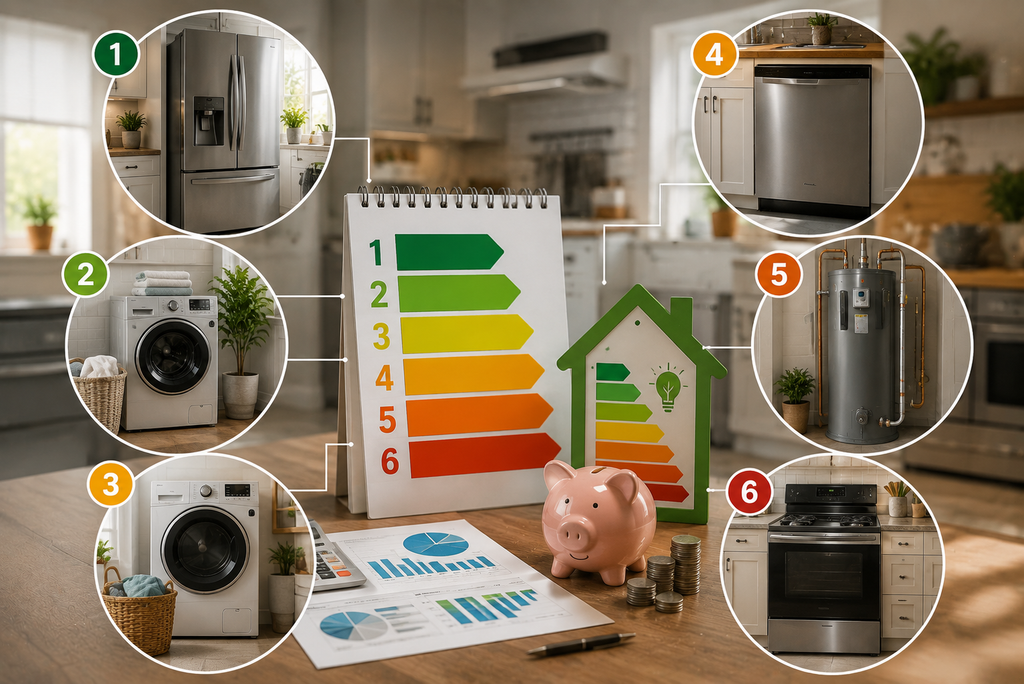 Energy-efficient appliance comparison showing a refrigerator, washing machine, dryer, dishwasher, and oven in a modern American home, with visual cues for prioritizing older high-consumption appliances and maximizing energy savings.