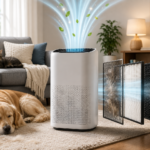 Modern air purifier in a cozy American home with a dog and cat, showing HEPA filtration, pet hair capture, activated carbon, and cleaner indoor air for allergy and pet households.