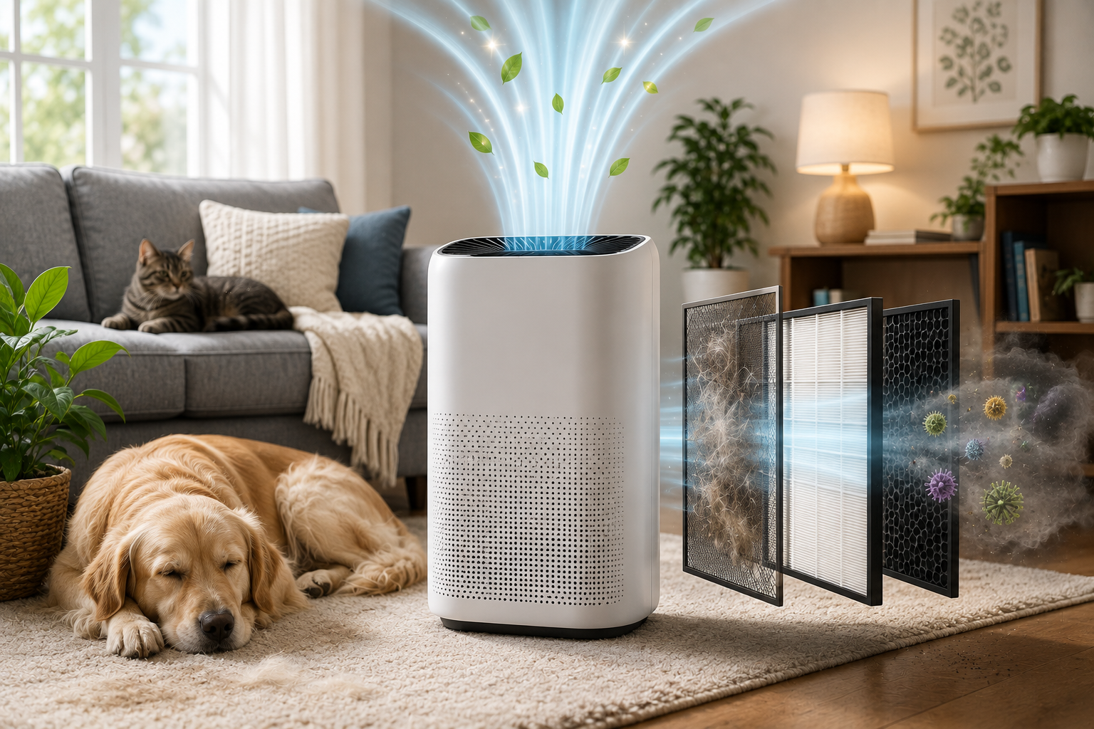 Modern air purifier in a cozy American home with a dog and cat, showing HEPA filtration, pet hair capture, activated carbon, and cleaner indoor air for allergy and pet households.