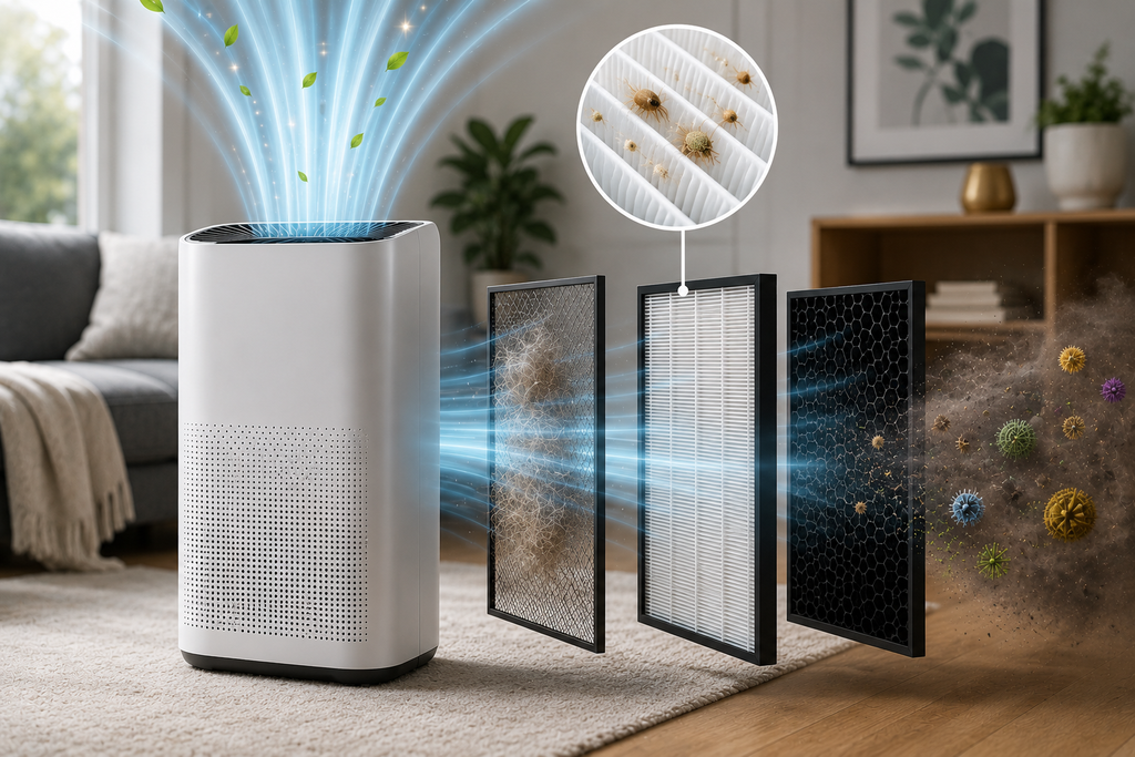 True HEPA air purifier with an exploded filtration system showing a pre-filter, pleated HEPA filter, and activated carbon layer capturing dust, allergens, pet dander, and airborne particles.