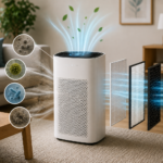 Clean featured image showing a modern air purifier filtering airborne particles through layered mechanical and HEPA-style filtration with a bright, comfortable living-room setting.