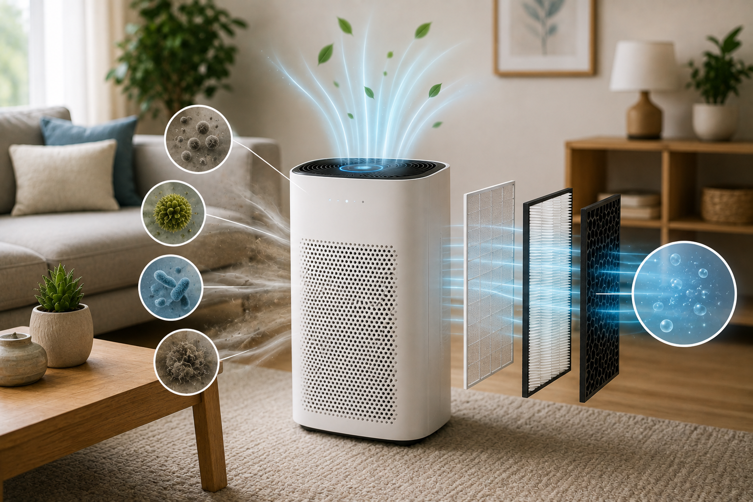 Clean featured image showing a modern air purifier filtering airborne particles through layered mechanical and HEPA-style filtration with a bright, comfortable living-room setting.