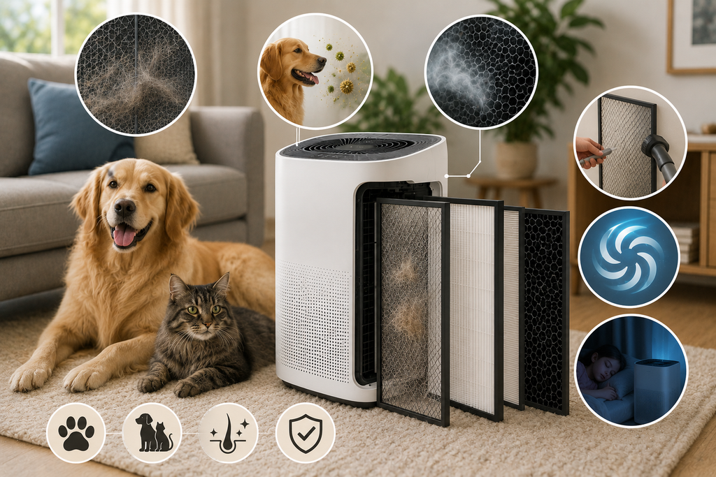 Pet-friendly air purifier in a modern American living room with a dog and cat, showing pet hair capture, HEPA filtration, activated carbon odor control, washable pre-filter, and strong airflow.