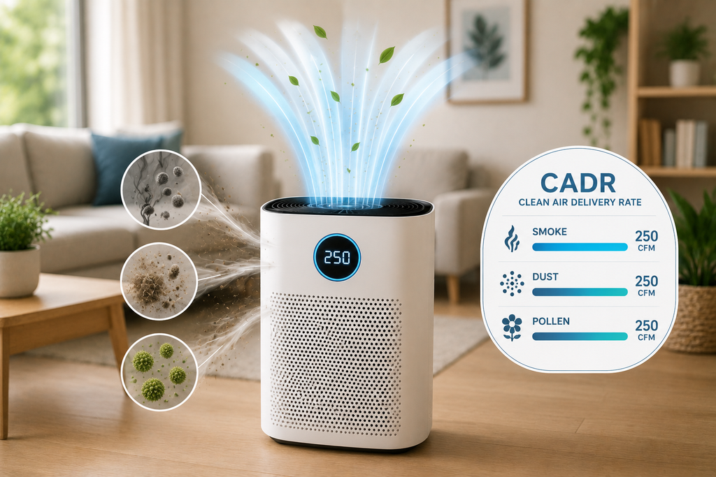Clean featured image showing an air purifier drawing in smoke, dust, and pollen particles and releasing clean air, visually representing how CADR measures an air purifier’s clean-air delivery performance.