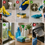 Common household cleaning mistakes illustrated with cleaning products, improper surface cleaning, excessive cleaner use, and poor technique alongside better-organized cleaning practices in a modern American home.