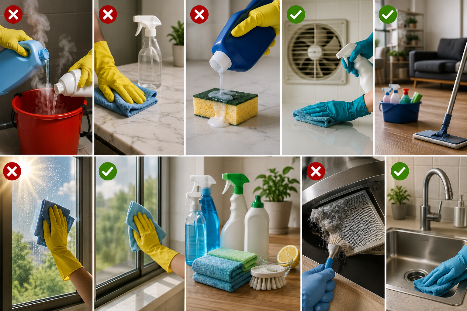 Common household cleaning mistakes illustrated with cleaning products, improper surface cleaning, excessive cleaner use, and poor technique alongside better-organized cleaning practices in a modern American home.