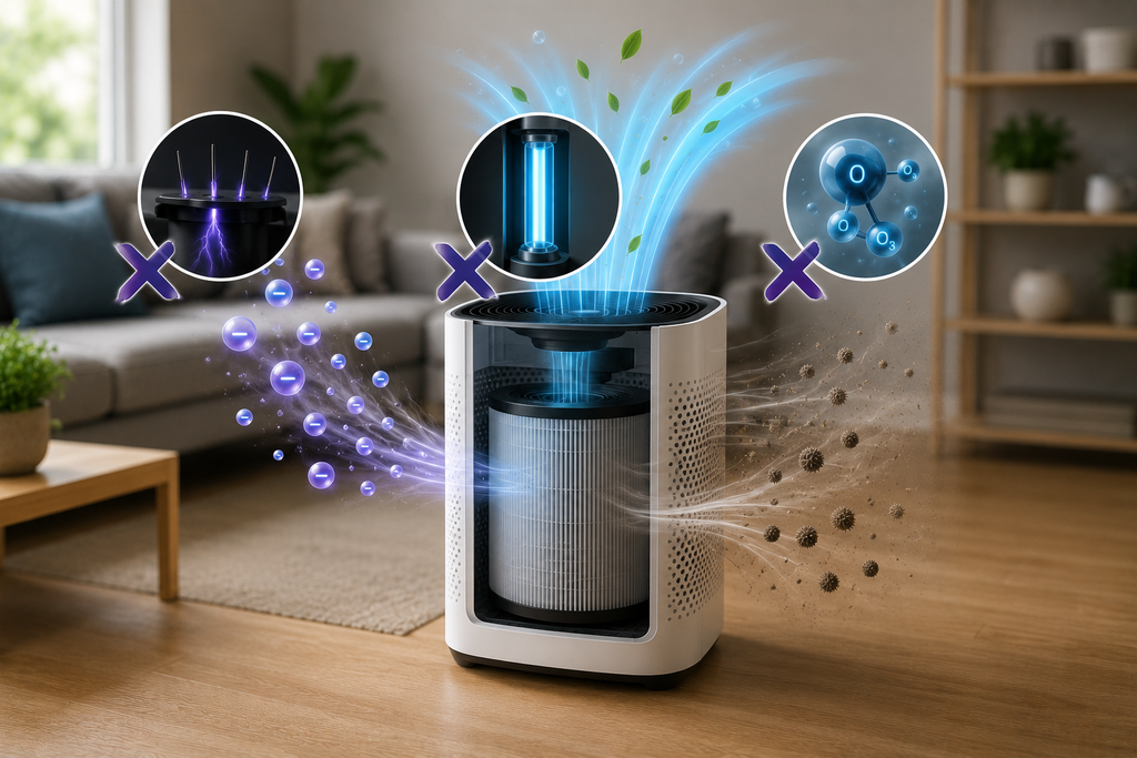 Clean featured image showing an air purifier with mechanical filtration while ionizer, UV-C, and ozone-related technologies are visually separated as questionable add-on features.