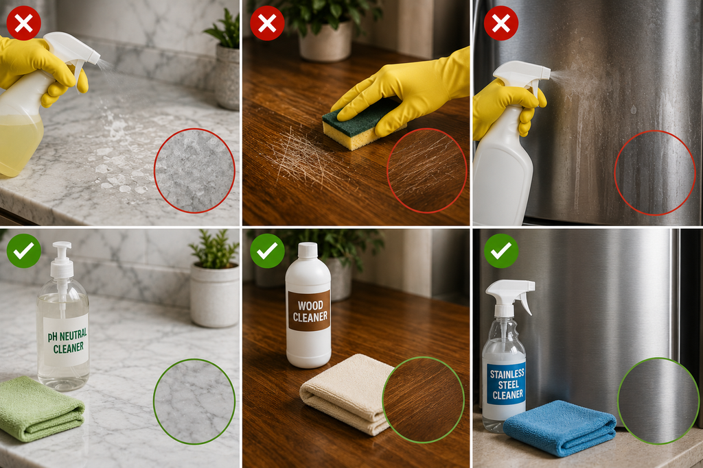 Cleaning products matched to different household surfaces, showing damage from unsuitable cleaners on marble, wood, and stainless steel alongside safer surface-specific cleaning methods.