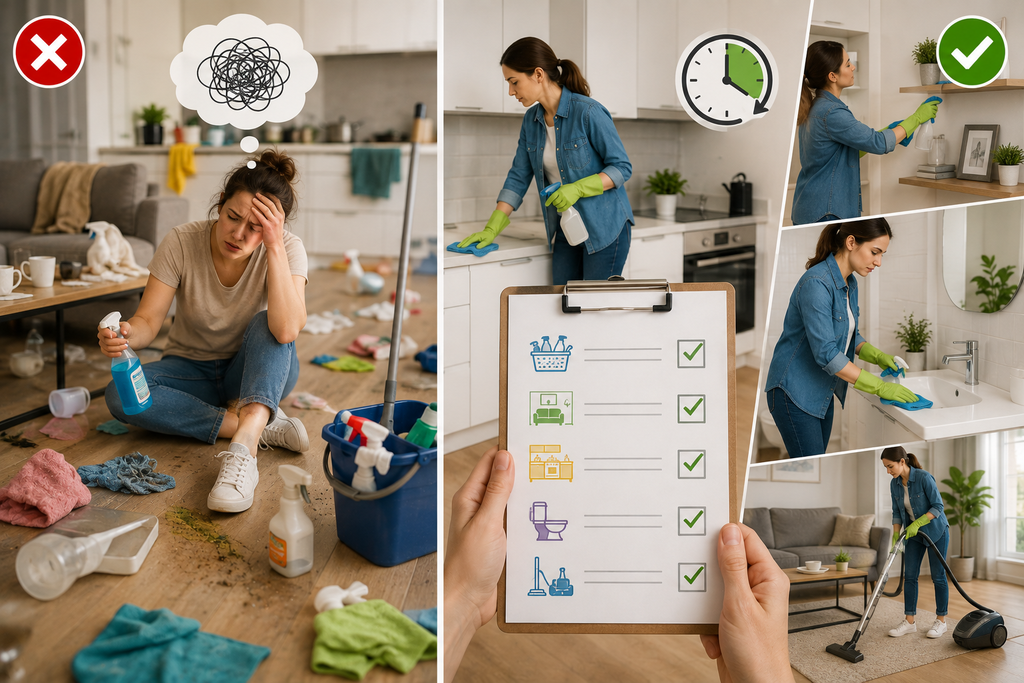 Organized home cleaning routine showing a systematic room-by-room approach with a cleaning checklist, timed tasks, dusting, bathroom cleaning, kitchen cleaning, and vacuuming instead of jumping randomly between chores.