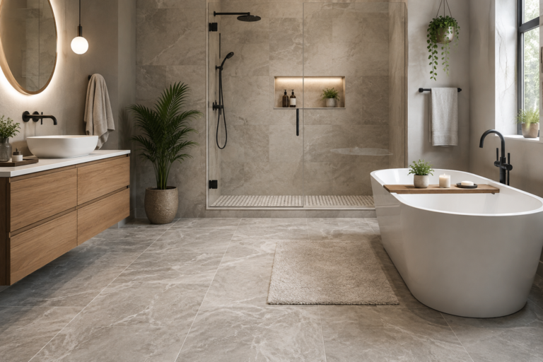 Modern luxury bathroom with durable stone-look flooring, freestanding bathtub, glass shower, and wooden vanity.