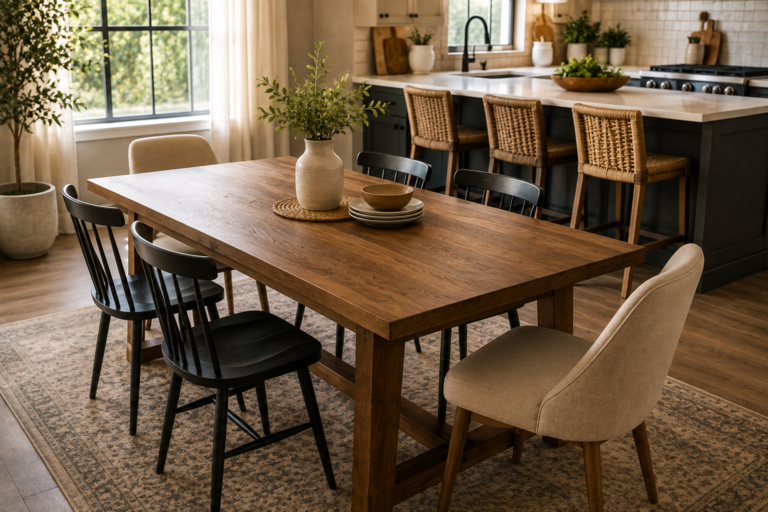 Modern wooden kitchen dining table with six chairs in a bright contemporary dining space.