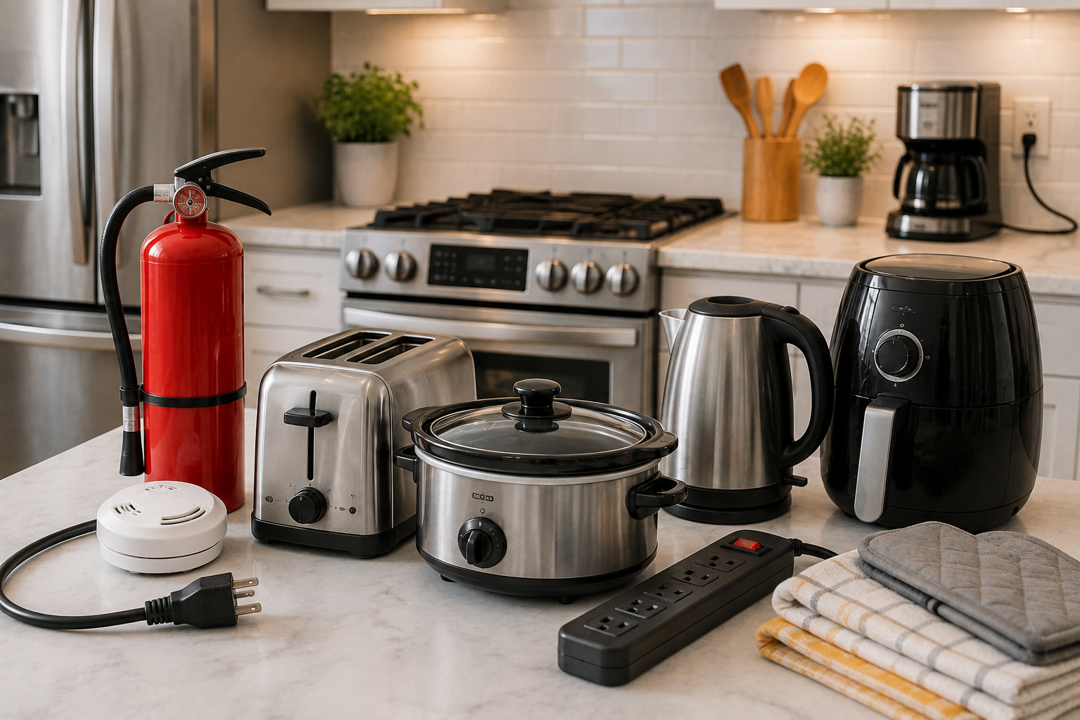 "Kitchen safety essentials including fire extinguisher, smoke detector, air fryer, toaster, slow cooker, kettle, and power strip."