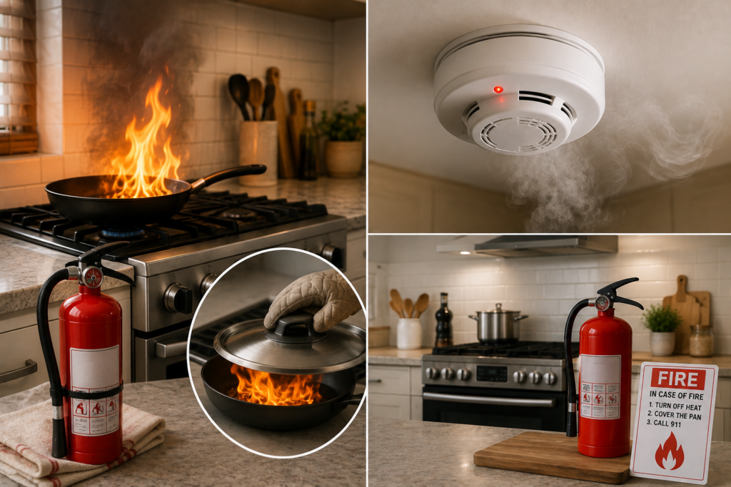 "Grease fire on a kitchen stove with a nearby fire extinguisher and smoke detector."