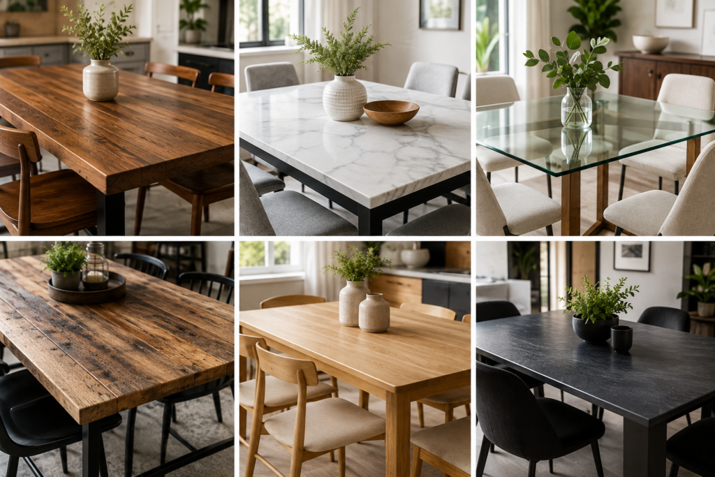 Comparison of solid wood, marble, glass, reclaimed wood, oak, and stone dining table materials.