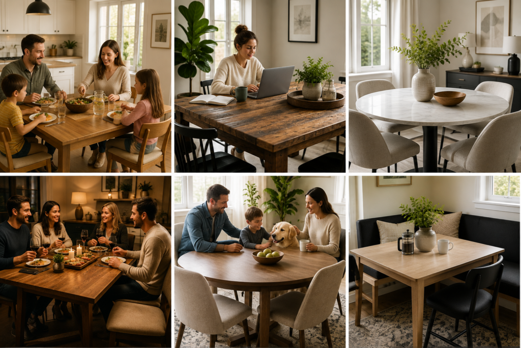 Dining table styles matched to family meals, entertaining, remote work, and everyday living.