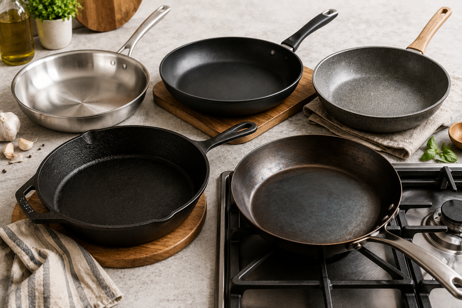 Comparison of stainless steel, nonstick, ceramic, cast iron, and carbon steel frying pans.