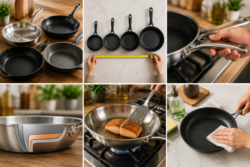 Visual guide comparing frying pan materials, sizes, handle design, heat distribution, and cooking performance.