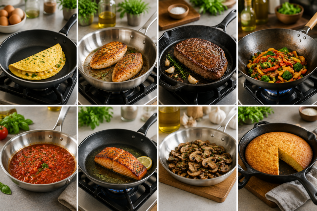 Comparison of frying pans used for eggs, steak, stir-fry, sauces, fish, mushrooms, and cornbread.